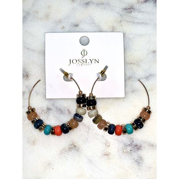 Gold Tone Boho Multicolor Beaded Hoop Earrings by Josslyn NWT - Picture 2 of 3